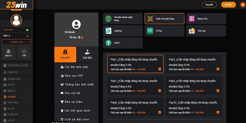 lưu ý quan trọng khi nạp tiền tại 23win